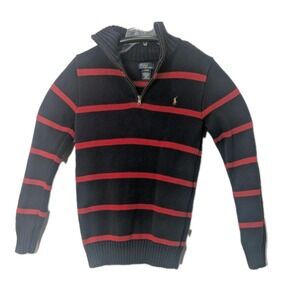 POLO Ralph Lauren Sweater Boys Size L 14-16 1/4  Zipper Blue red stripes  Cotton